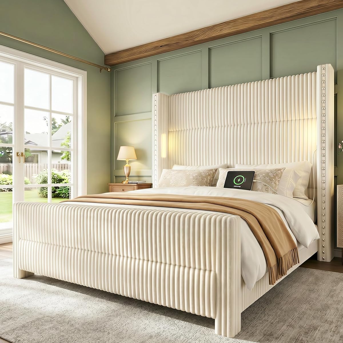 Queen Bed Frame with 56.7" Tall Wingback Headboard & Reading Lights, Cream