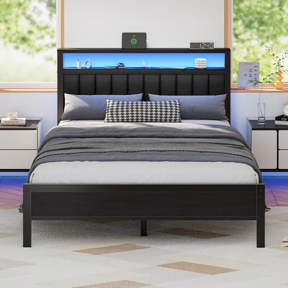 Queen Size Bed Frame with Charging Station and LED Lights