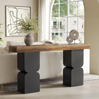 Large Console Table, 63-Inch Heavy-Duty Look, Behind Couch Sofa Table, Color Blocking Design, Bold Structural Presence, Modern Entryway Furniture for Living Room, Hallway, Foyer, Brown + Black