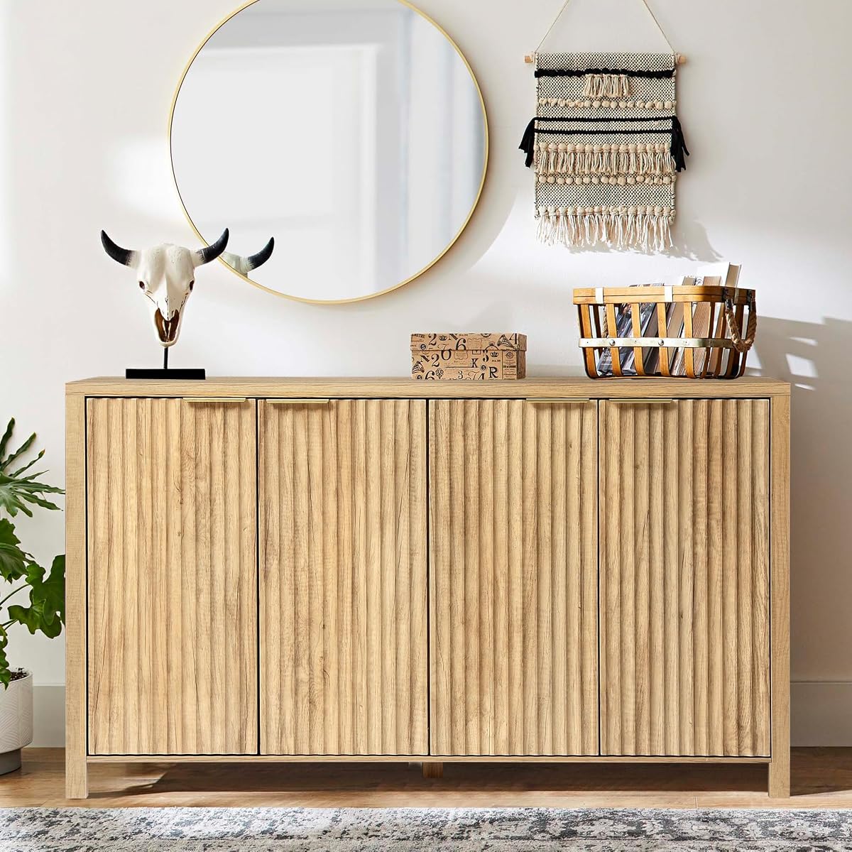 55" Fluted Sideboard Buffet Cabinet with Storage, Kitchen Credenza Cabinets