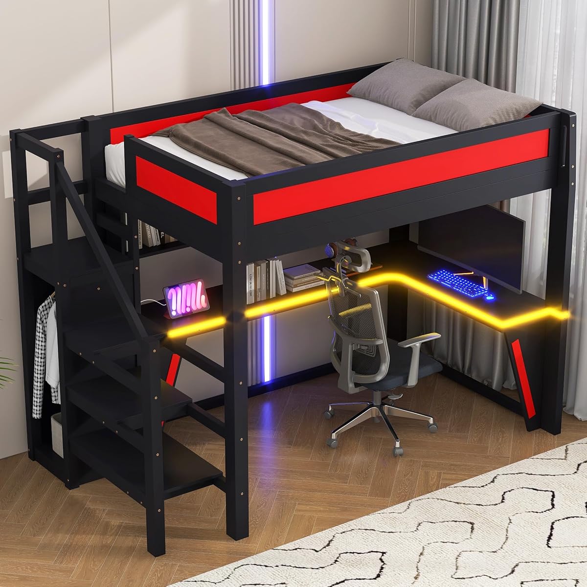 JIVOIT Full Size Gaming Loft Bed Frame with Desk, Wardrobe, Side Ladder, Shelves (Black+Red/ 66)