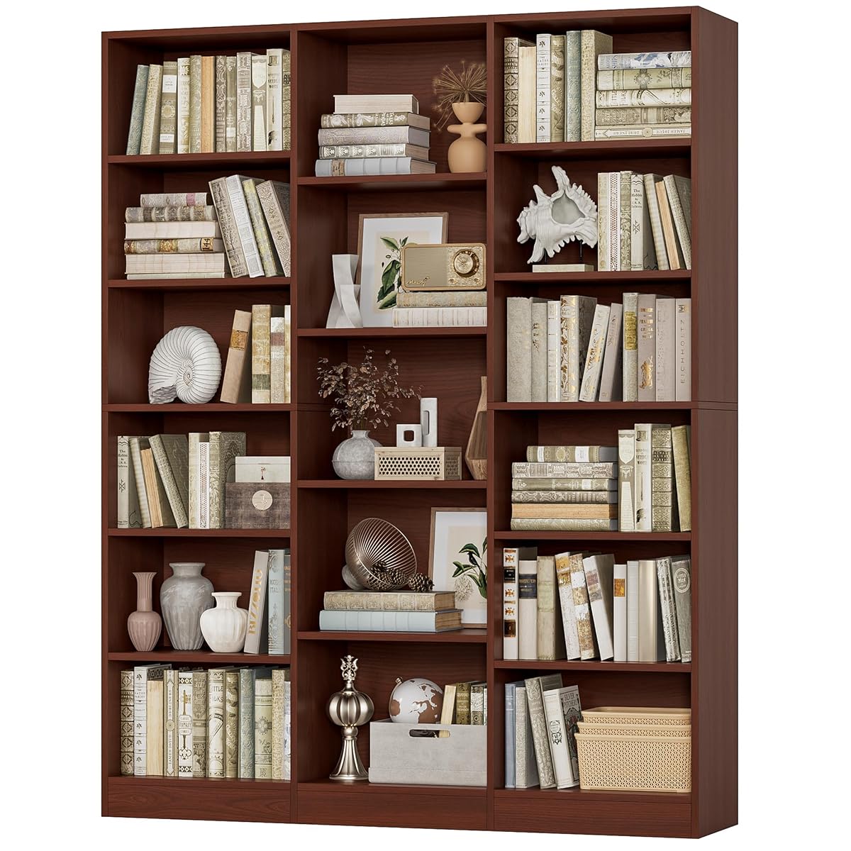 Triple Wide Bookshelf, 6 Tier Large Bookshelf, Bookcase with 17 Open Display Shelves, 74'' Tall Bookcases and Bookshelves for Living Room, Home Office, Library, Cherry