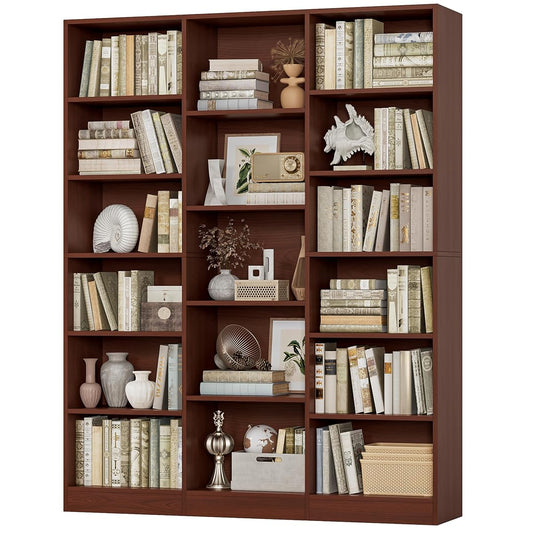 Triple Wide Bookshelf, 6 Tier Large Bookshelf, Bookcase with 17 Open Display Shelves, 74'' Tall Bookcases and Bookshelves for Living Room, Home Office, Library, Cherry