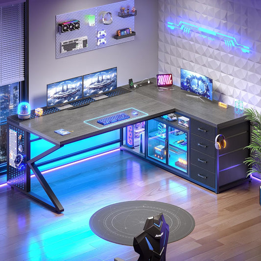 63"x27.6" L Shaped Gaming Desk with 4 Drawers Storage, Grey