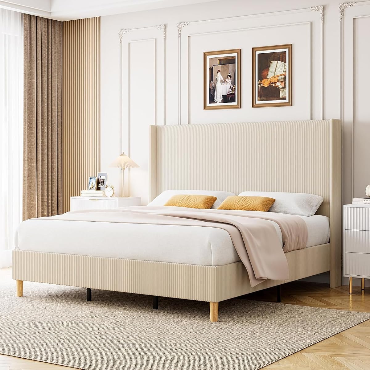 Upholstered King Size Bed Frame with Headboard, Beige