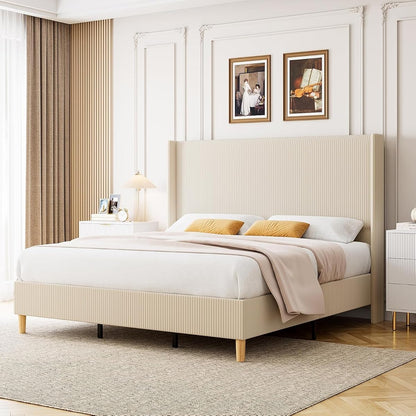 Upholstered King Size Bed Frame with Headboard, Beige