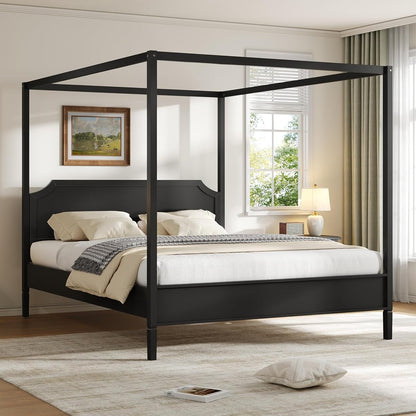 Canopy Bed Frame King with Headboard and Under-Bed Storage Space, Black
