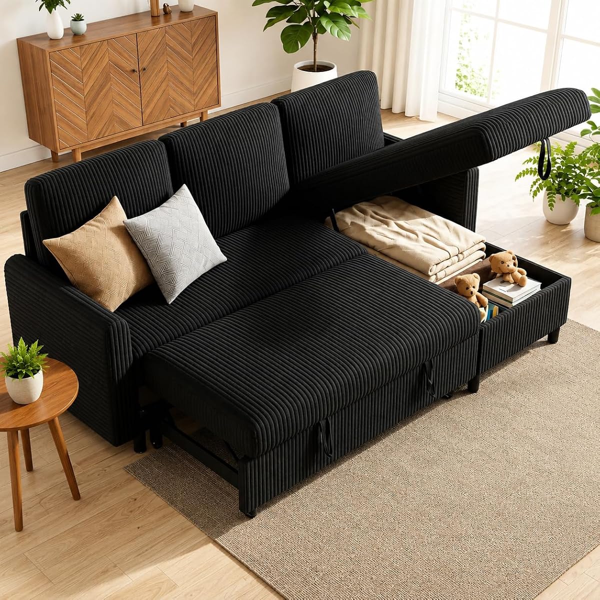 77" Pull Out Sleeper Sofa Bed with Storage Chaise, L-Shaped Corduroy Sectional Couch, 3-Seater Convertible Sofa Bed for Small Space, Apartment & Guest Room, Pet-Friendly & Easy Assembly, Black