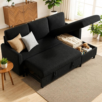 77" Pull Out Sleeper Sofa Bed with Storage Chaise, L-Shaped Corduroy Sectional Couch, 3-Seater Convertible Sofa Bed for Small Space, Apartment & Guest Room, Pet-Friendly & Easy Assembly, Black