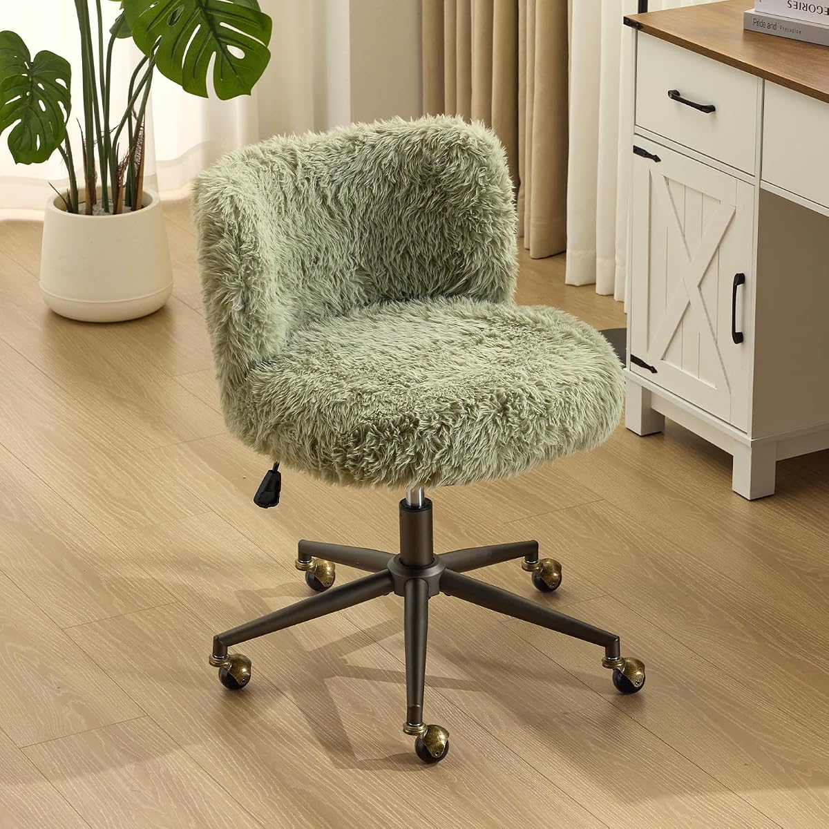 Plush Upholstery Vanity Desk Chair with Curved Back & 90-102° Tilt &Adjustable Height, Cute Rolling Chair with Bronze Base & Golden-Bronze 360° Swivel Wheels for Makeup &Home Office,Grass Green