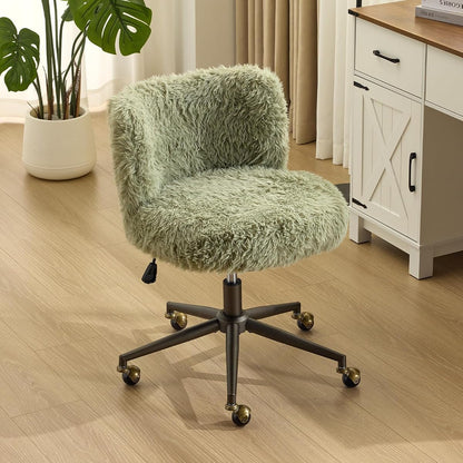 Plush Upholstery Vanity Desk Chair with Curved Back & 90-102° Tilt &Adjustable Height, Cute Rolling Chair with Bronze Base & Golden-Bronze 360° Swivel Wheels for Makeup &Home Office,Grass Green