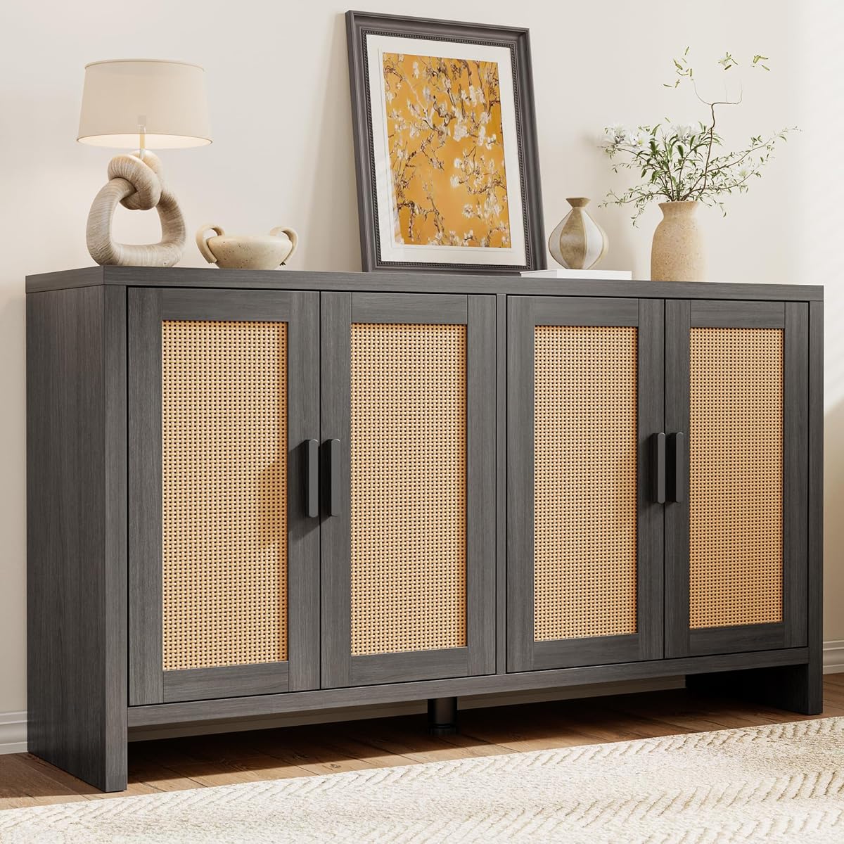 Rattan Buffet Cabinet with Storage, Sideboard with Doors, Console Table