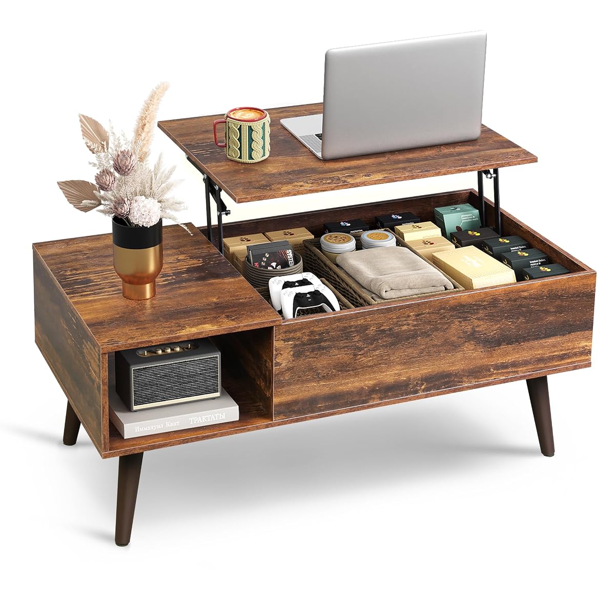 Coffee Table with Storage & Lifting Top for Living Room, 21" Small Lift Top for Small Space Apartment, 31" Wooden Multifunctional Coffee & Dining Center Table for Home Office Work, Rustic Brown