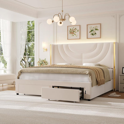 Queen Upholstered LED Bed Frame with 2 Storage Drawers, Velvet Platform Bed with Wingback Headboard, Solid Wooden Slats Support, No Box Spring Needed, Headboard Splicing Design, Beige