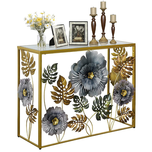 Lewahom Console Table, Vintage Art Sofa Table with Metal Flower Decor, Narrow Entryway Tables with Glass Mirror Tabletop Behind Sofa, Narrow Accent Table for Entryway Living Room Hallway Bedroom