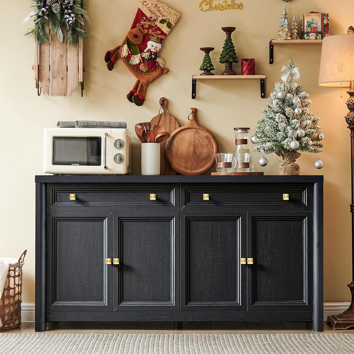 Credenza Storage Cabinet with 4 Doors and 2 Drawers, 59" Large Sideboard Buffet Cabinet, 32.1'' Tall Wood Buffet Table Coffee Bar Console Cabinets for Living Dining Room, Black