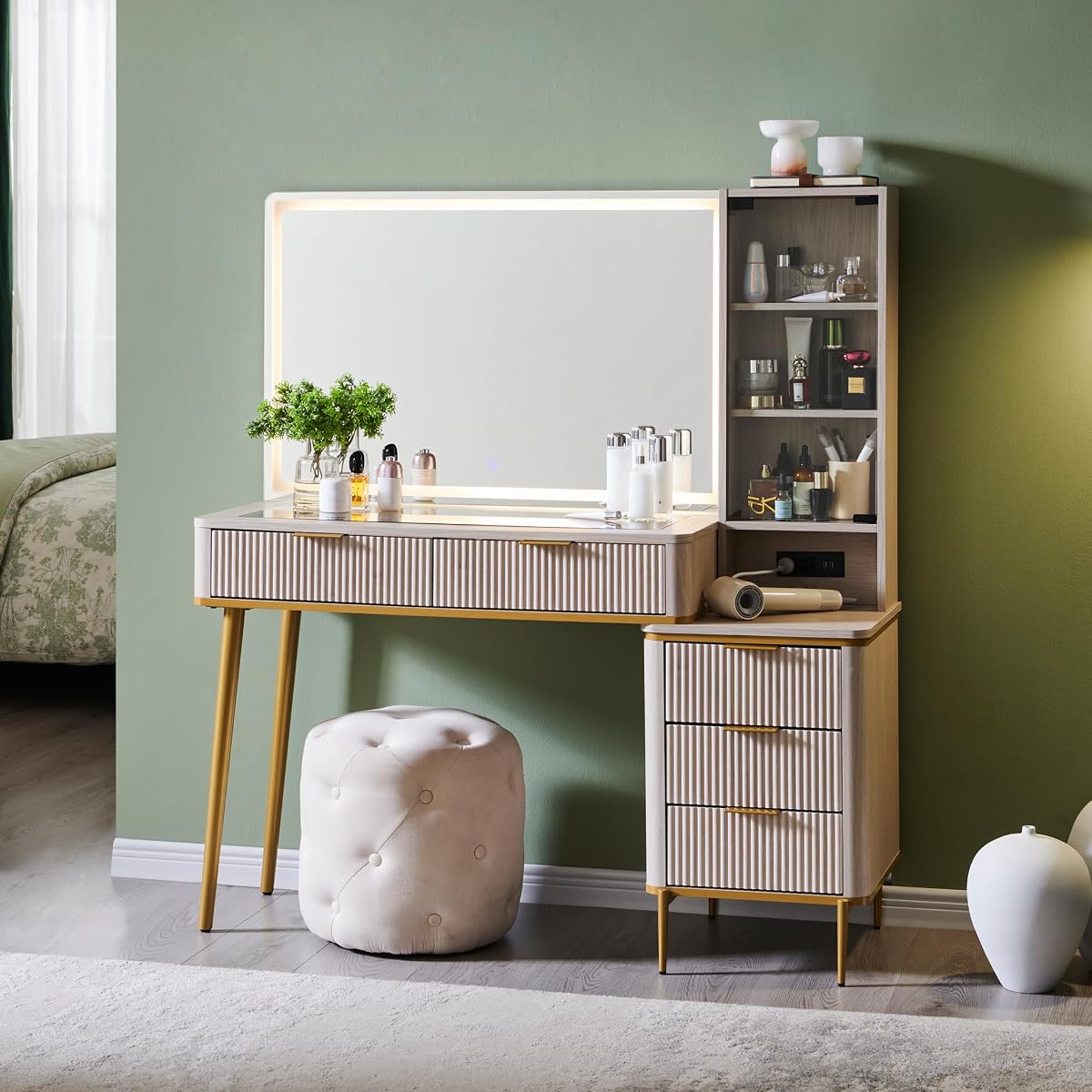 Fluted Makeup Vanity Desk with 36" HD Lighted Mirror