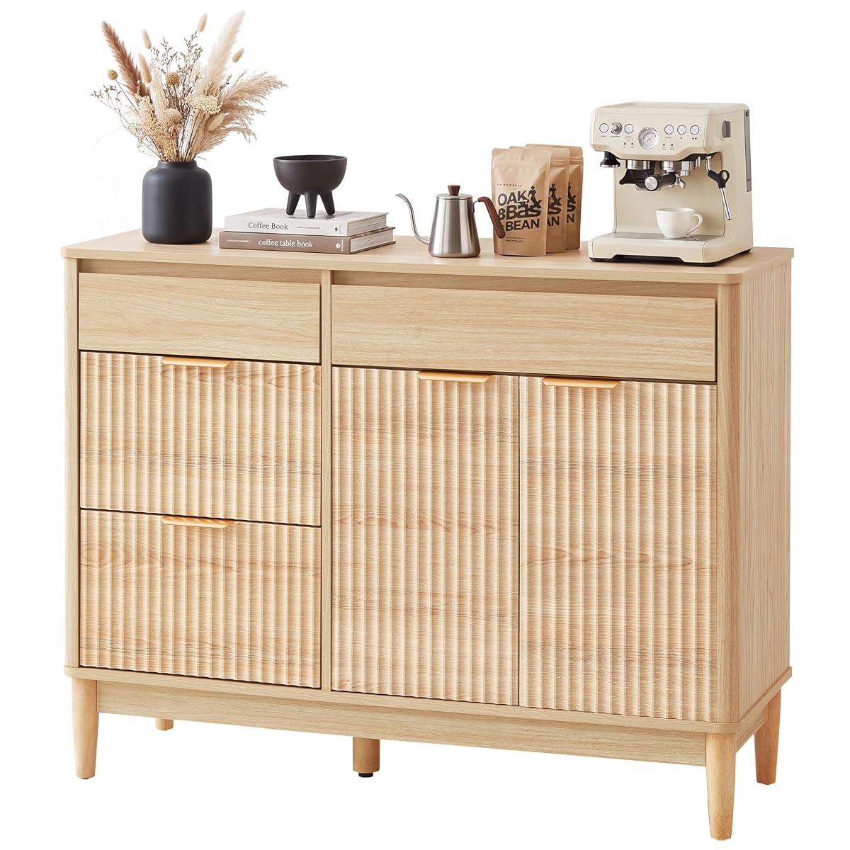 44.6" Fluted Buffet Sideboard Storage Cabinet Coffee Bar Oak