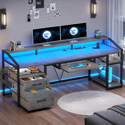 63" Computer Desk, Office Desk with Lockable Drawers for Legal/Letter File, Gaming Desk with LED Lights & Power Outlet, Home Office Desks with Storage, Grey