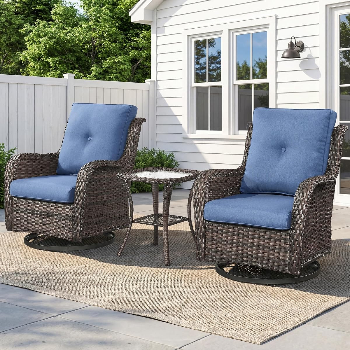 Patio Wicker Chairs Swivel Rocker,Outdoor Patio Furniture Set with Rattan Side Table, All Weather Conversation Set for Porch Poolside Balcony, Brown Wicker/Blue