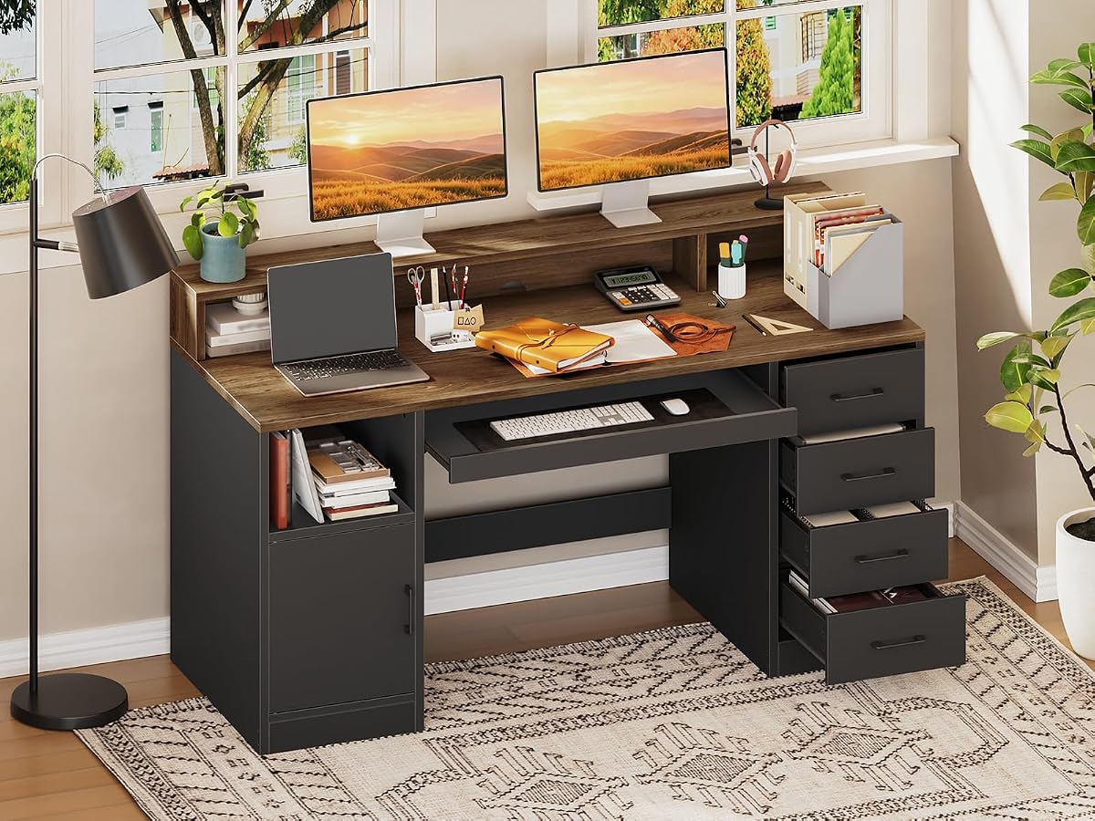 55" Office Desk with Drawers, Farmhouse Executive Desk with Drawers