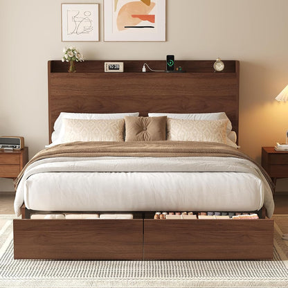 Full Size Bed Frame with Storage Headboard & 2 Drawers