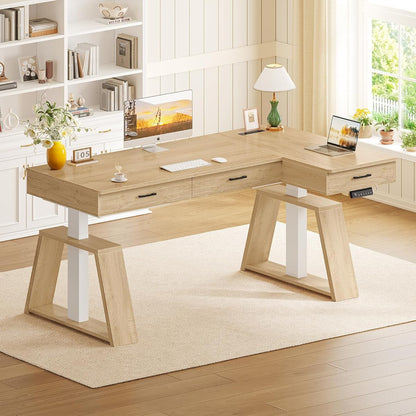 59 Inch L Shaped Electric Standing Desk with Drawers, Executive Adjustable Desk with Power Outlets, Sit Stand Computer Table for Home Office, Oak
