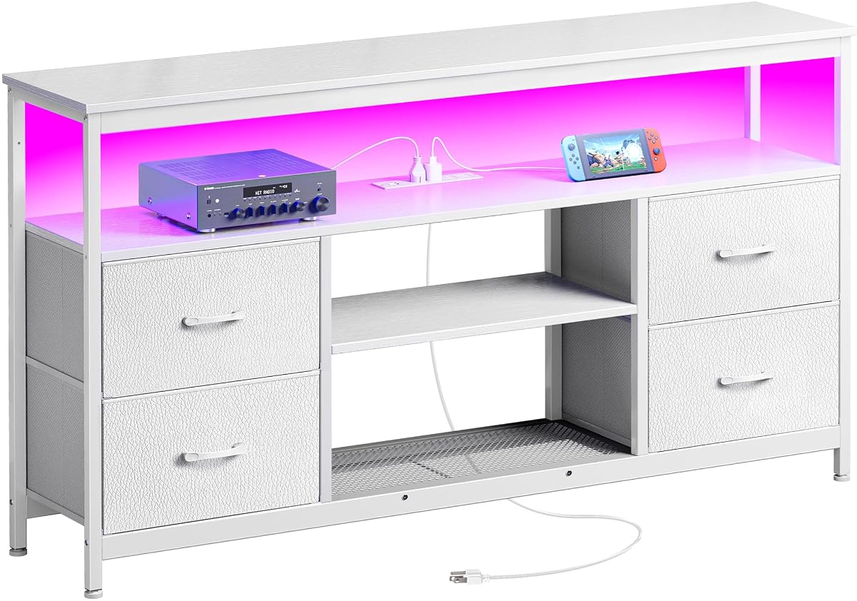 TV Stand Dresser with Power Outlets and LED Lights, 4 Drawers Entertainment Center with Shelves, 54 Inch Media Console for 55 60 Inch TV, 4 AC Outlets, 2 USBs, Dresser with PU Finish, White