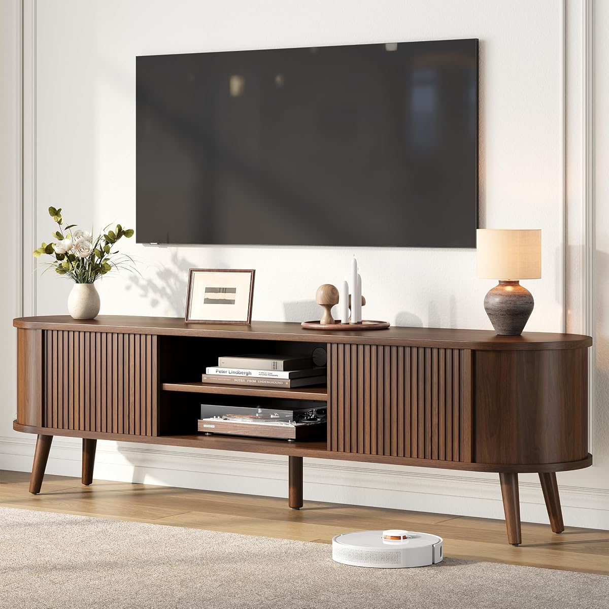 70" Mid Century Modern TV Stand for TVs up to 70 Inch, TV Console, Walnut