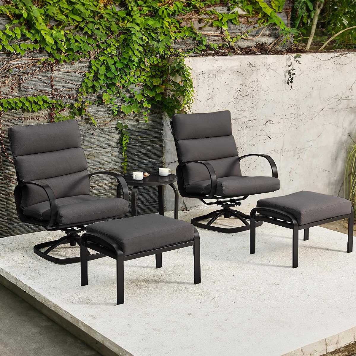 Patio Furniture Set, 5 Pieces Outdoor Swivel Rocker with Ottoman, High Back, Deep Seating with 5" Olefin Cushion, Patio Rocking Chairs for Porch, Backyard (Dark Grey)