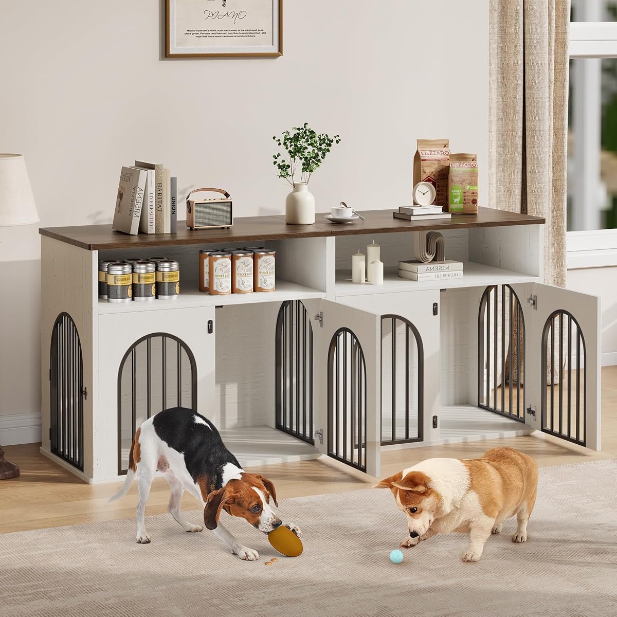 78.7" Double Dog Crate Furniture, Dog Kennel with Storage, White