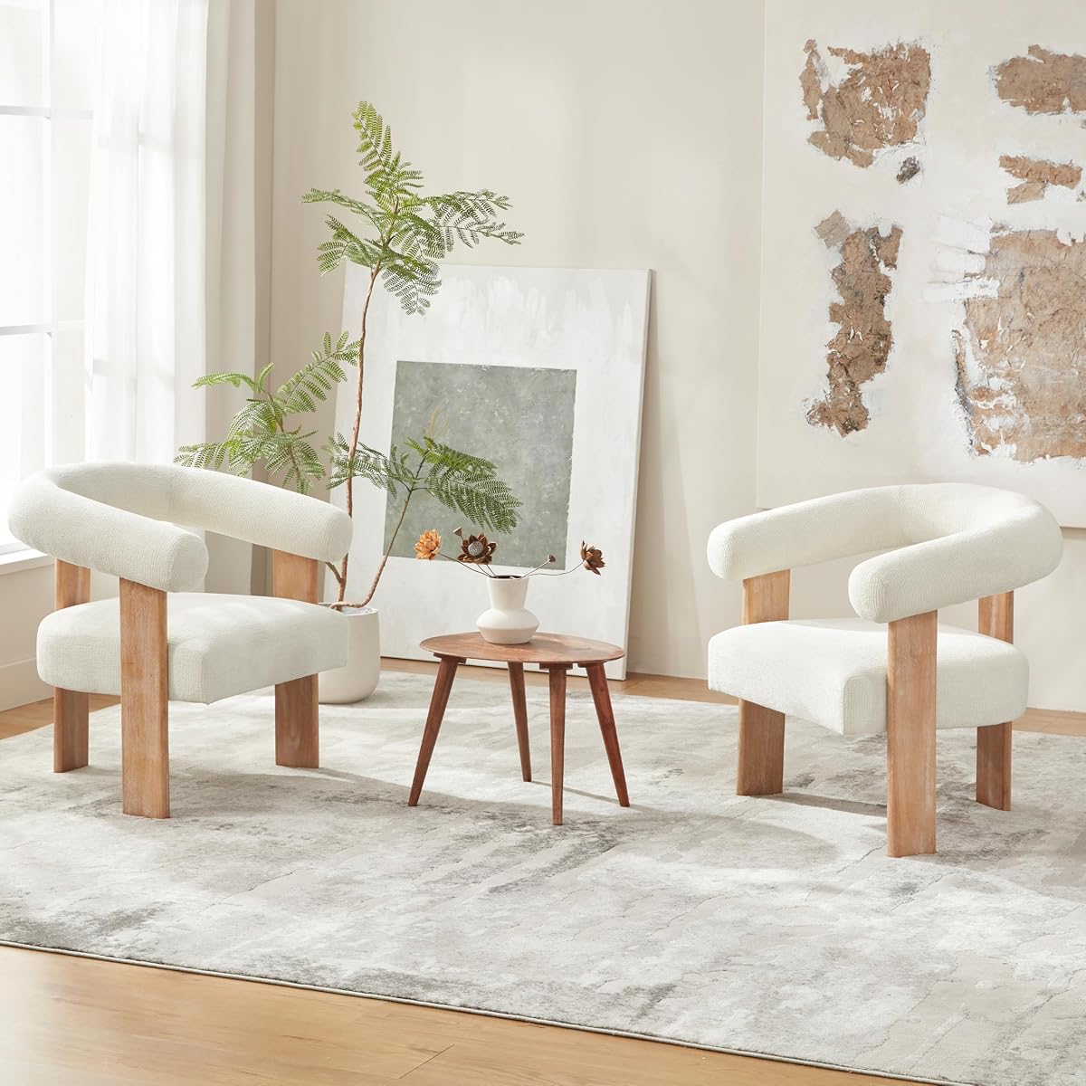 Accent Chairs Set of 2, Modern Upholstered Living Room Chair Armchair with Solid Wood Legs, Comfy Barrel Arm Chairs for Living Room Bedroom, Cream