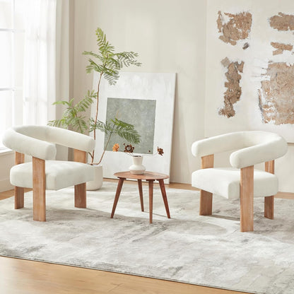 Accent Chairs Set of 2, Modern Upholstered Living Room Chair Armchair with Solid Wood Legs, Comfy Barrel Arm Chairs for Living Room Bedroom, Cream