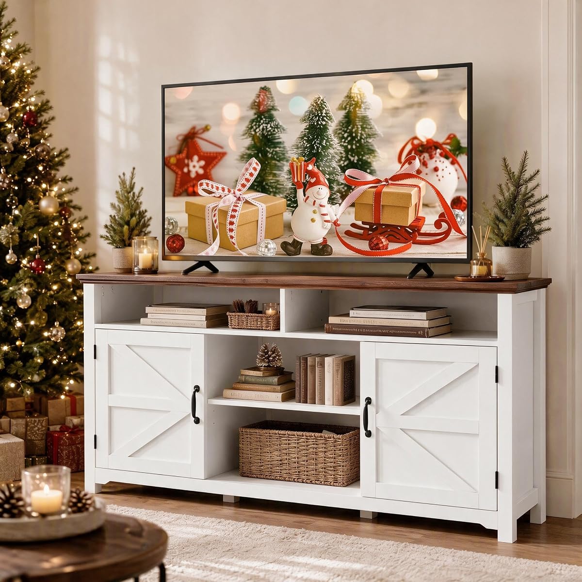 58" Farmhouse TV Stand with Hinged Barn Doors, White Storage Cabinet