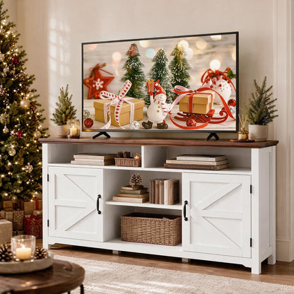 58" Farmhouse TV Stand with Hinged Barn Doors, White Storage Cabinet