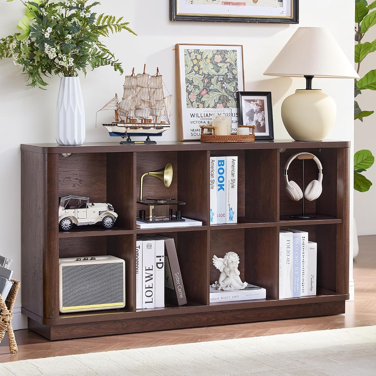 8 Cube Bookcase, 52" Long Horizontal Book Shelf w/Curved Edge