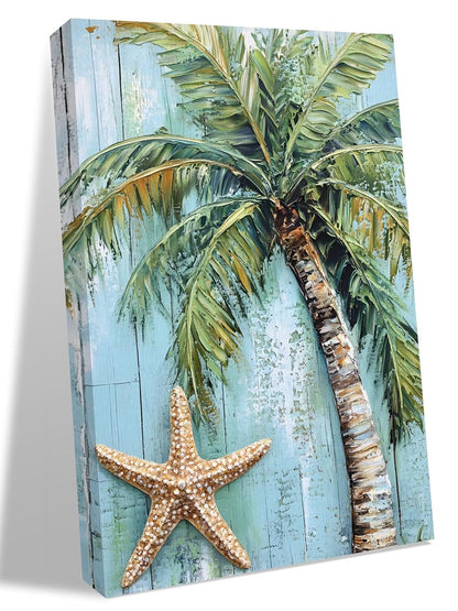 NuYeBiofx Summer Coconut Tree Starfish Canvas Wall Art Prints,40"x28" Framed Picture Artwork Seaside Plant Blue Wood Plank Printed Canvas Oil Painting for Living Room Bedroom Office,Ready to Hang