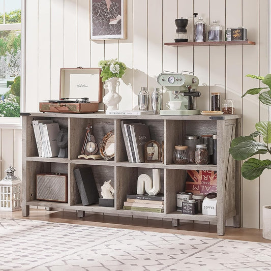 8 Cube Book Shelf, Farmhouse Wood Long Storage Organizer Bookcase, 62" Horizontal Grey Oak Console Closet Bookshelf, Hallway TV Stand for Entryway, Display Cabinet Book Case for Living Room