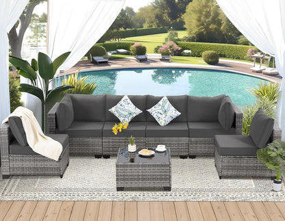 7 Piece Outdoor Wicker Patio Furniture Set, Grey/Dark Grey | Sectional Sofa | All-Weather Hand-Woven Rattan | Tempered Glass Coffee Table | Free Combination | Indoor & Outdoor Use