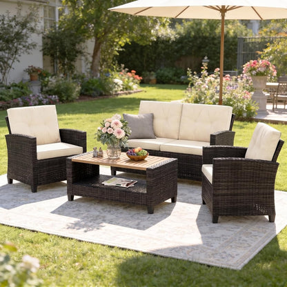 4 Piece Patio Furniture Set, Wicker Outdoor Patio Conversation Furniture Set, All Weather Outdoor Patio Sofa with Cushion and Wood Table, Beige Wood