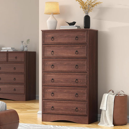 Cherry Wood Dresser 52" Tall for Bedroom, Wood 6 Chest Drawers, 6 Drawer Dresser