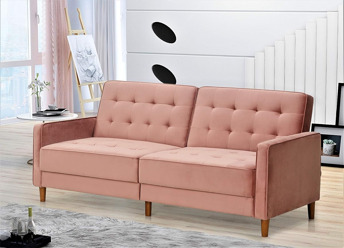Nia Modern Velvet Upholstered Tufted Sleeper Sofa Bed, Natural Pink