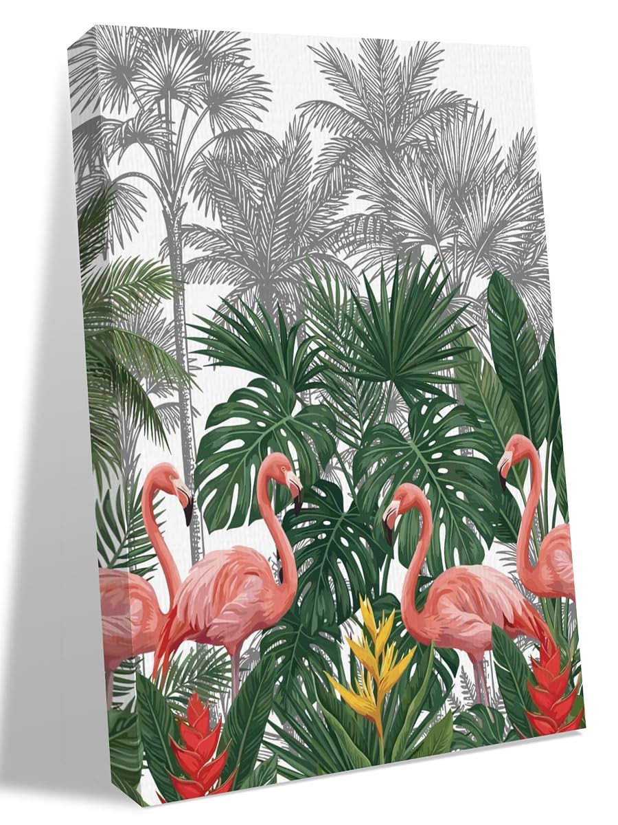 NuYeBiofx Summer Pink Flamingo Palm Leaf Canvas Wall Art Prints,48"x32" Framed Picture Artwork Tropical Animal Plant Tree Printed Canvas Oil Painting for Living Room Bedroom Office,Ready to Hang