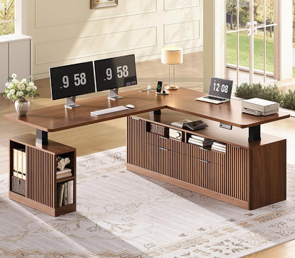 Fluted L Shaped Executive Electric Standing Desk with 4 Drawers