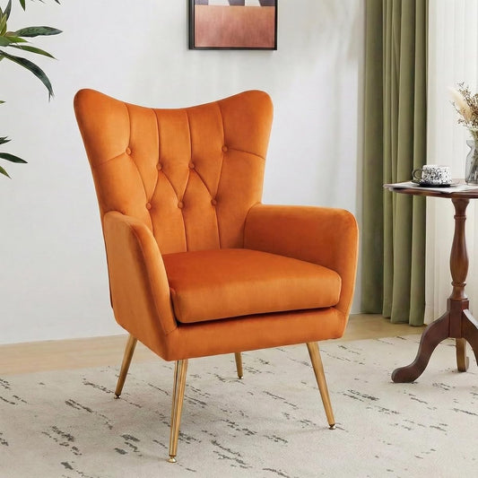 Modern Chic Mid-Century Velvet Accent Armchair for Living Room, Bedroom, or Home Office, Button-Tufted Wingback Design with Gold Flared Legs, Orange