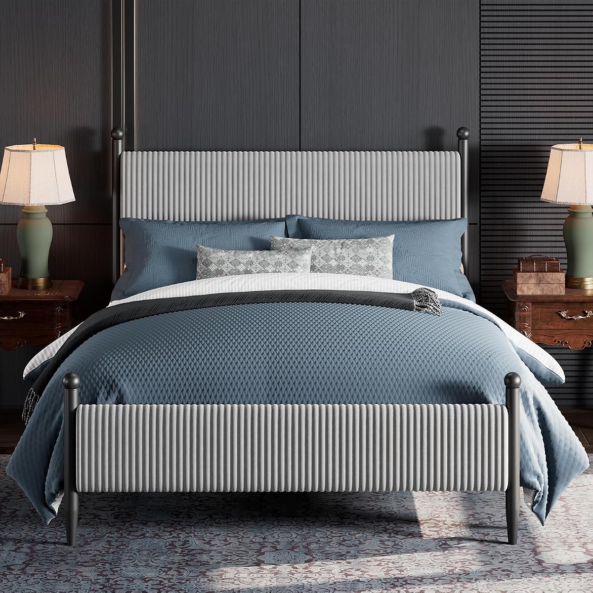 Queen Size Upholstered Bed Frame, with Velvet Headboard