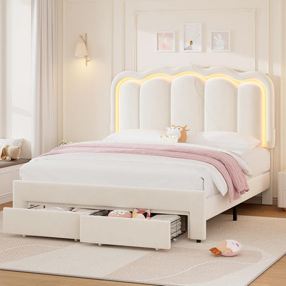 Queen Upholstered LED Bed Frame with 2 Storage Drawers and Adjustable Chic