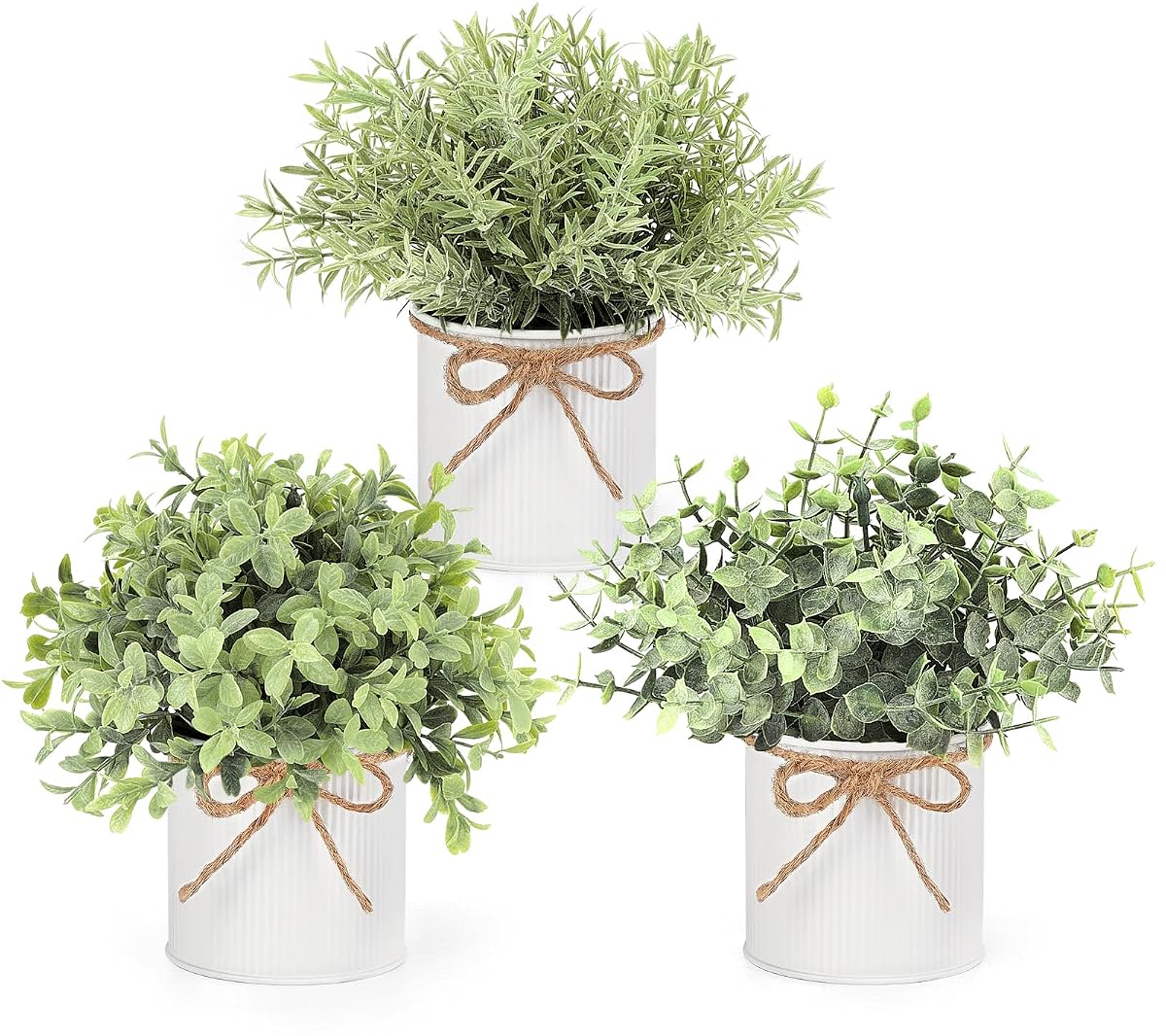 Fake Plants in Farmhouse Galvanized Metal Pots Table Centerpiece Rustic Home Decor, 3 Pack Potted Artificial Plants Faux Eucalyptus for Shelf Indoor Dining Room Office
