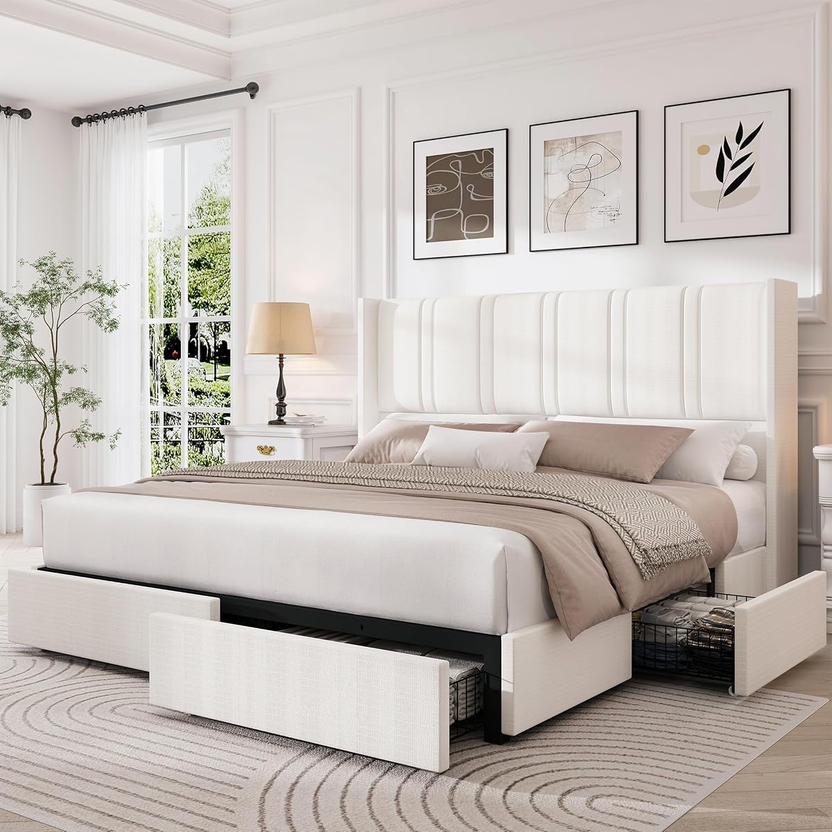 King Size Bed Frame with 4 Storage Drawers and Wingback Headboard Linen