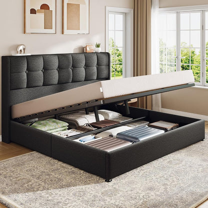 Upholstered King Size Lift Up Storage Bed Frame, Wingback Headboard